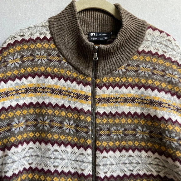 Le 31 Par Simons Visions Lambswool jacquard zip up knit sweater cardigan Sz L - Picture 4 of 10